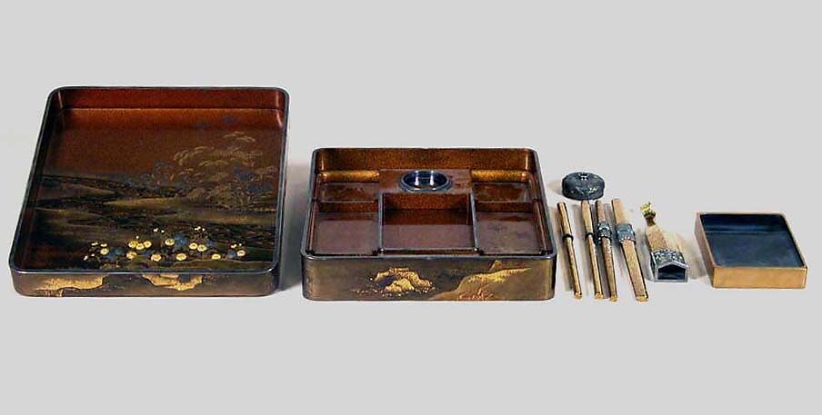 Writing Box with a Scene from the “Butterflies” Chapter of The Tale of Genji, Gold lacquer with raised sprinkled design, Japan