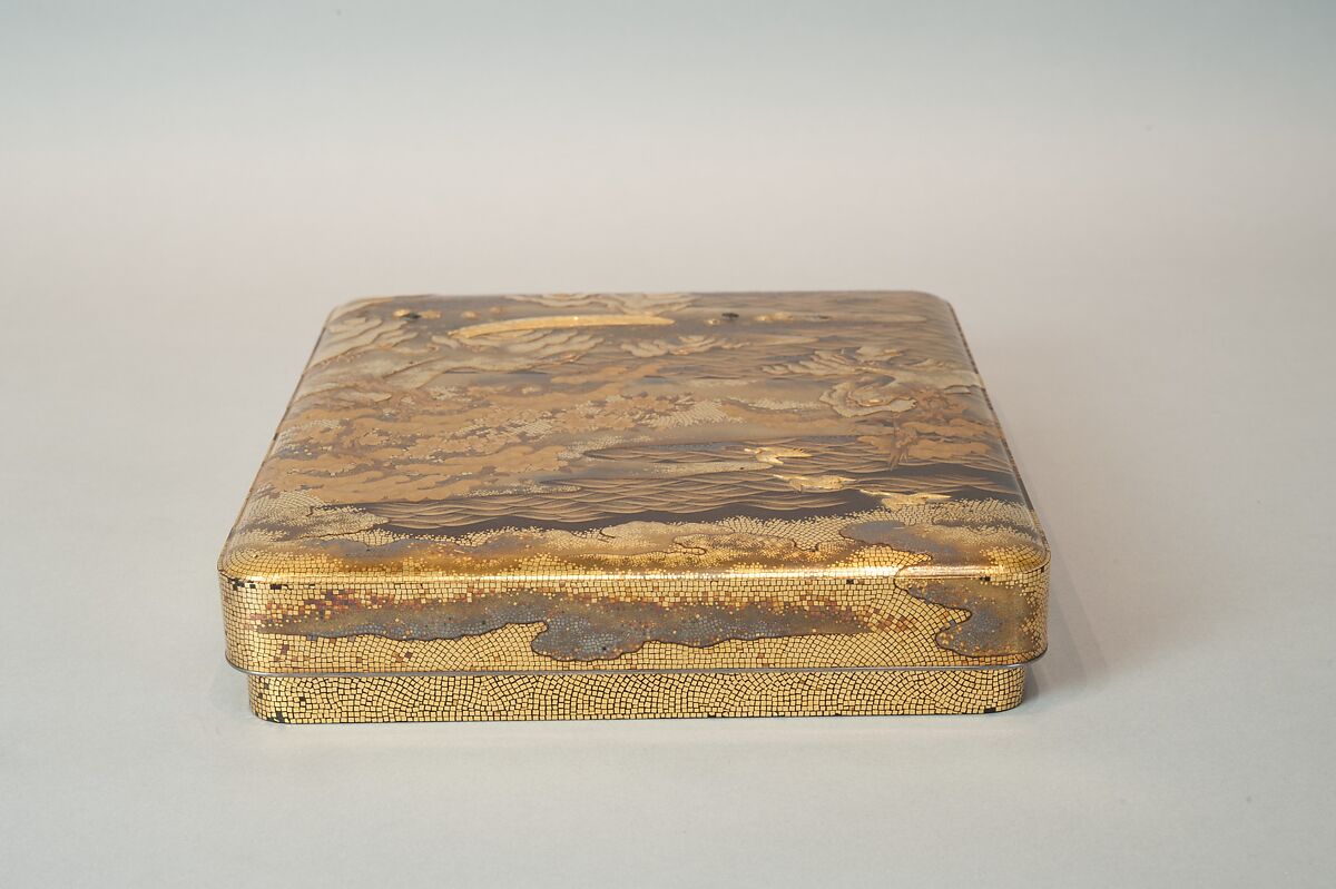 Writing Box with a Scene from the “Butterflies” Chapter of The Tale of Genji, Gold lacquer with raised sprinkled design, Japan