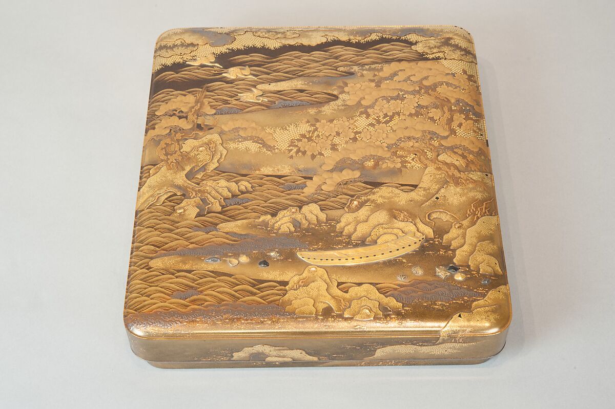 Writing Box with a Scene from the “Butterflies” Chapter of The Tale of Genji, Gold lacquer with raised sprinkled design, Japan