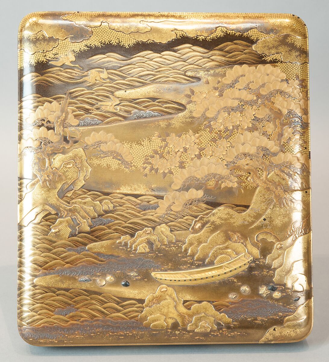 Writing Box with a Scene from the “Butterflies” Chapter of The Tale of Genji, Gold lacquer with raised sprinkled design, Japan