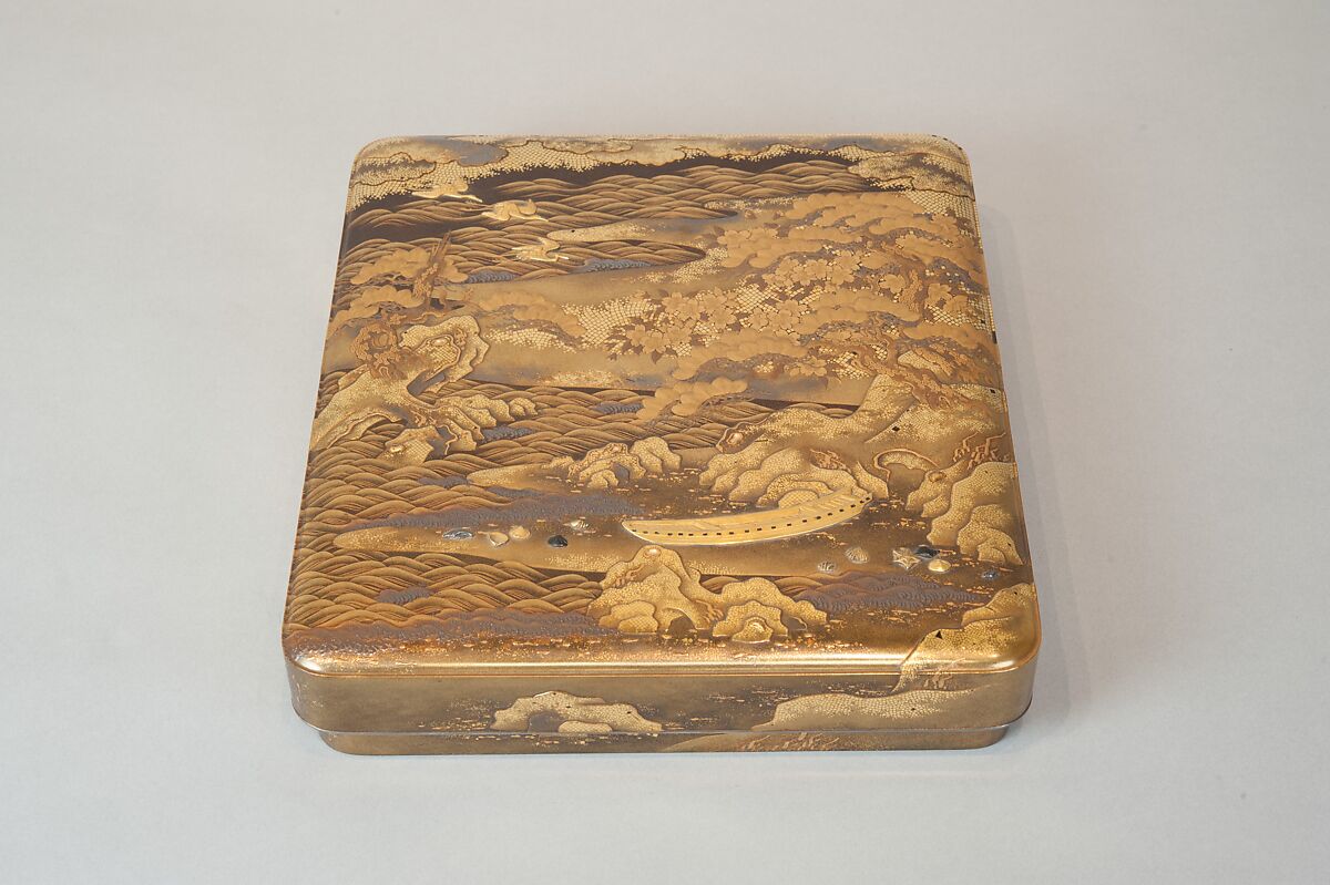 Writing Box with a Scene from the “Butterflies” Chapter of The Tale of Genji, Gold lacquer with raised sprinkled design, Japan
