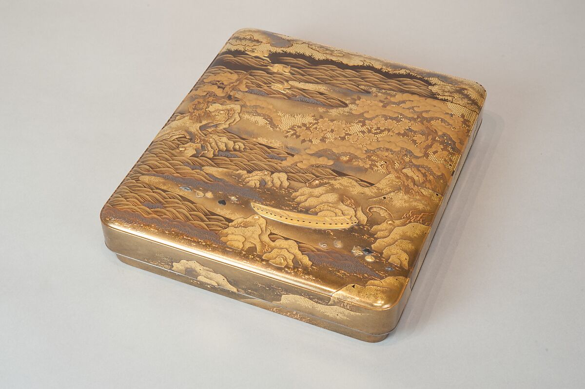 Writing Box with a Scene from the “Butterflies” Chapter of The Tale of Genji, Gold lacquer with raised sprinkled design, Japan