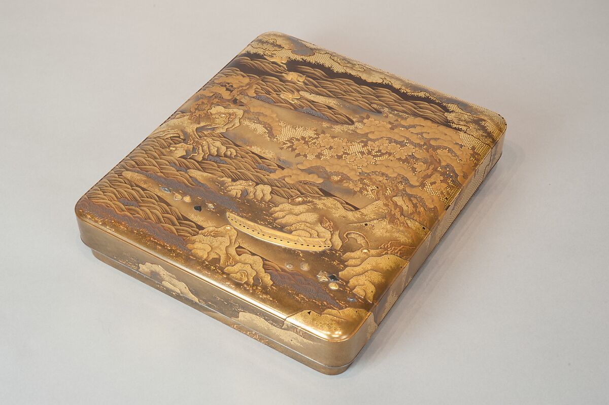 Writing Box with a Scene from the “Butterflies” Chapter of The Tale of Genji, Gold lacquer with raised sprinkled design, Japan 