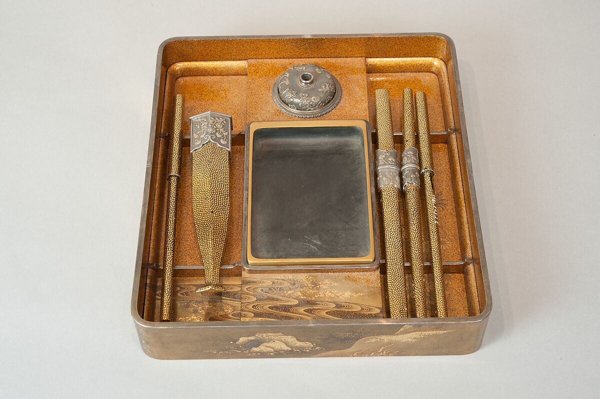 Writing Box with a Scene from the “Butterflies” Chapter of The Tale of Genji, Gold lacquer with raised sprinkled design, Japan