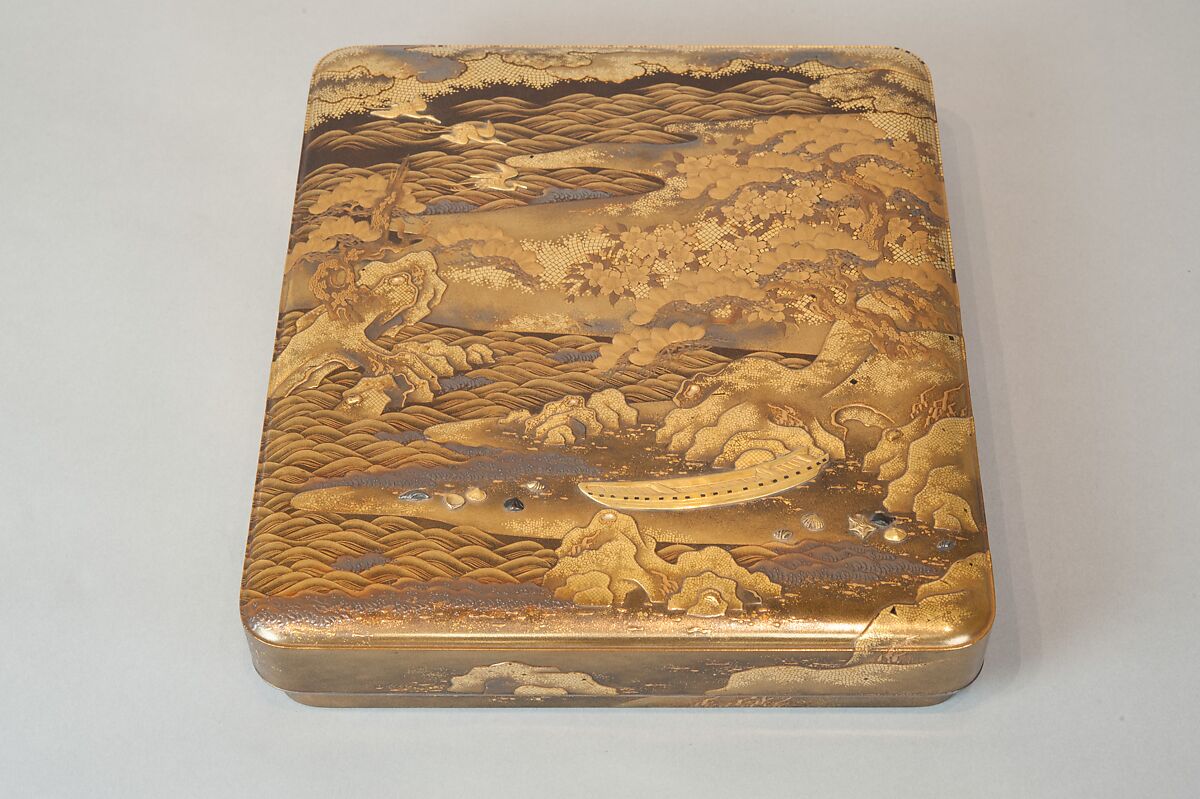 Writing Box with a Scene from the “Butterflies” Chapter of The Tale of Genji, Gold lacquer with raised sprinkled design, Japan