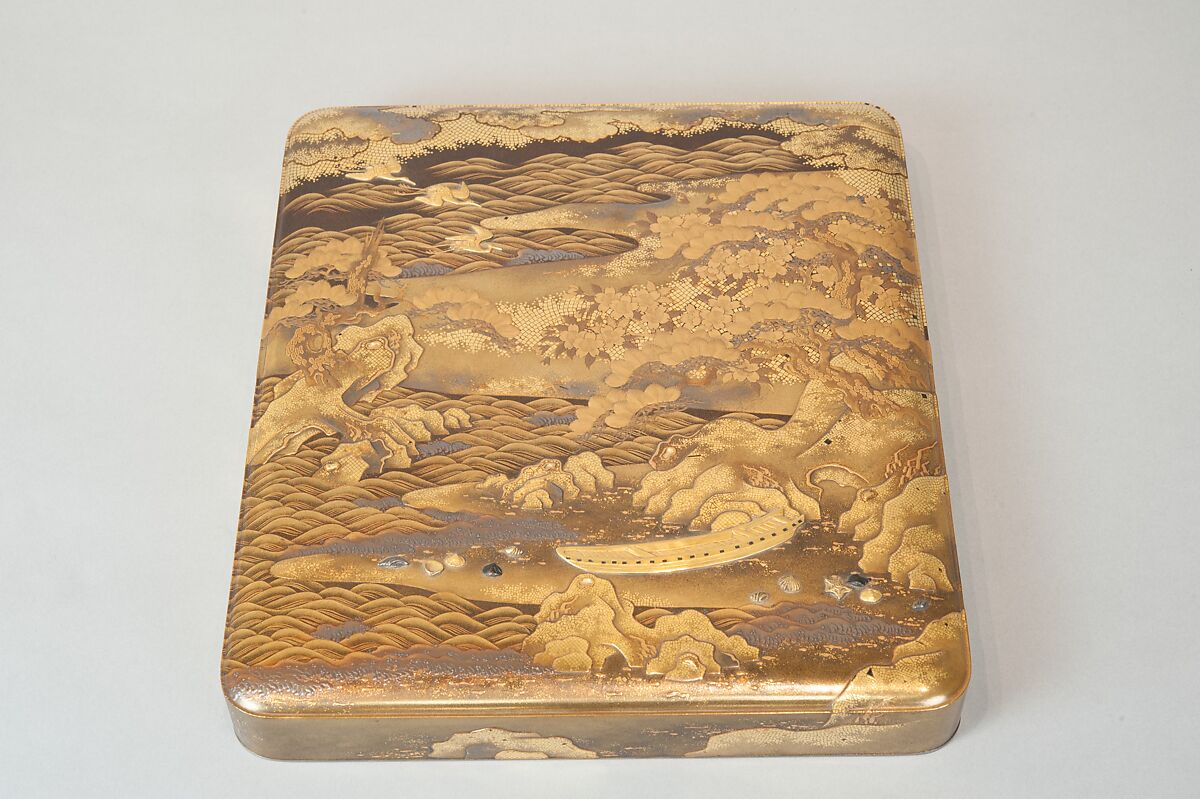 Writing Box with a Scene from the “Butterflies” Chapter of The Tale of Genji, Gold lacquer with raised sprinkled design, Japan