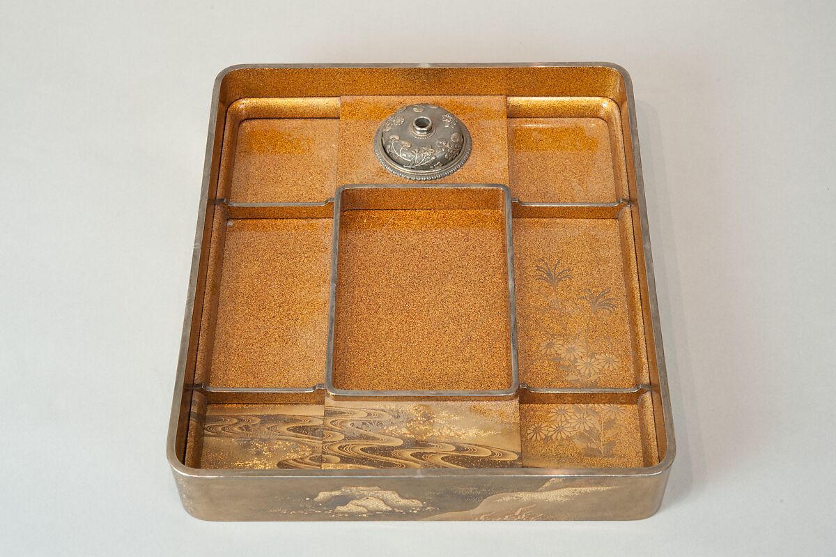 Writing Box with a Scene from the “Butterflies” Chapter of The Tale of Genji, Gold lacquer with raised sprinkled design, Japan