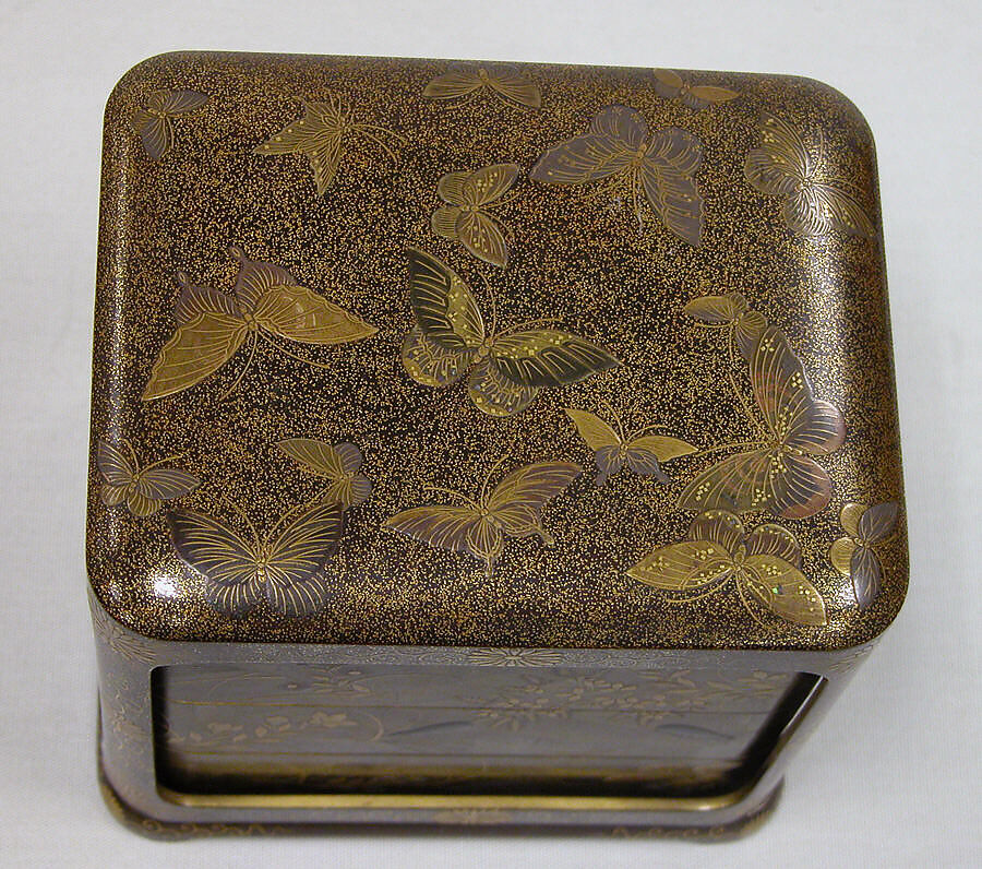 Tiered Box with Design of Autumn Grasses, Gold and silver maki-e on black lacquer, Japan