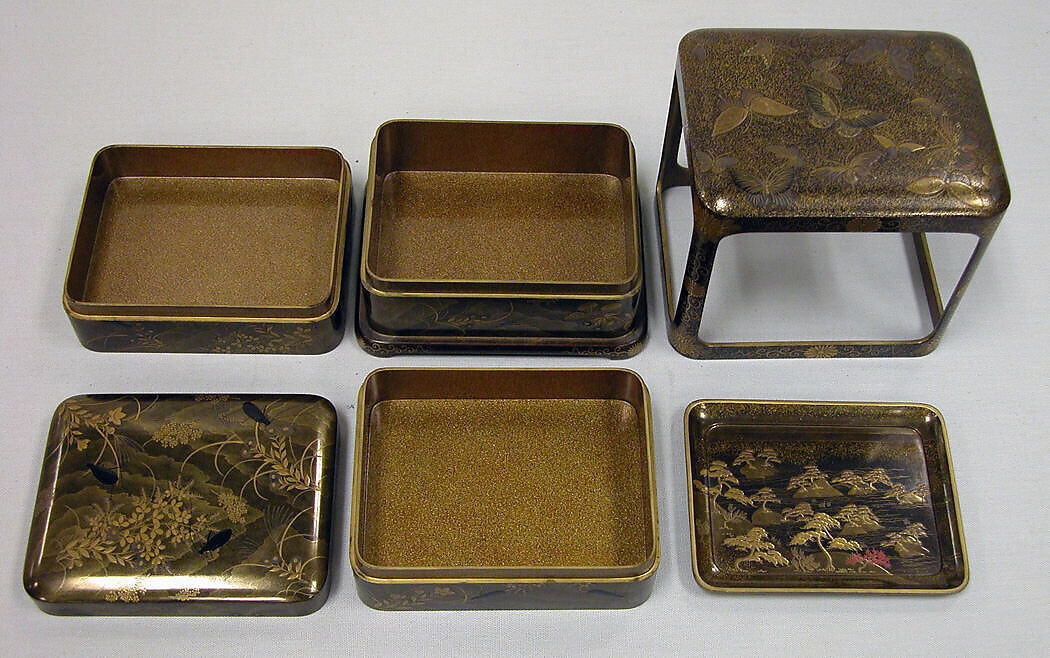 Tiered Box with Design of Autumn Grasses, Gold and silver maki-e on black lacquer, Japan