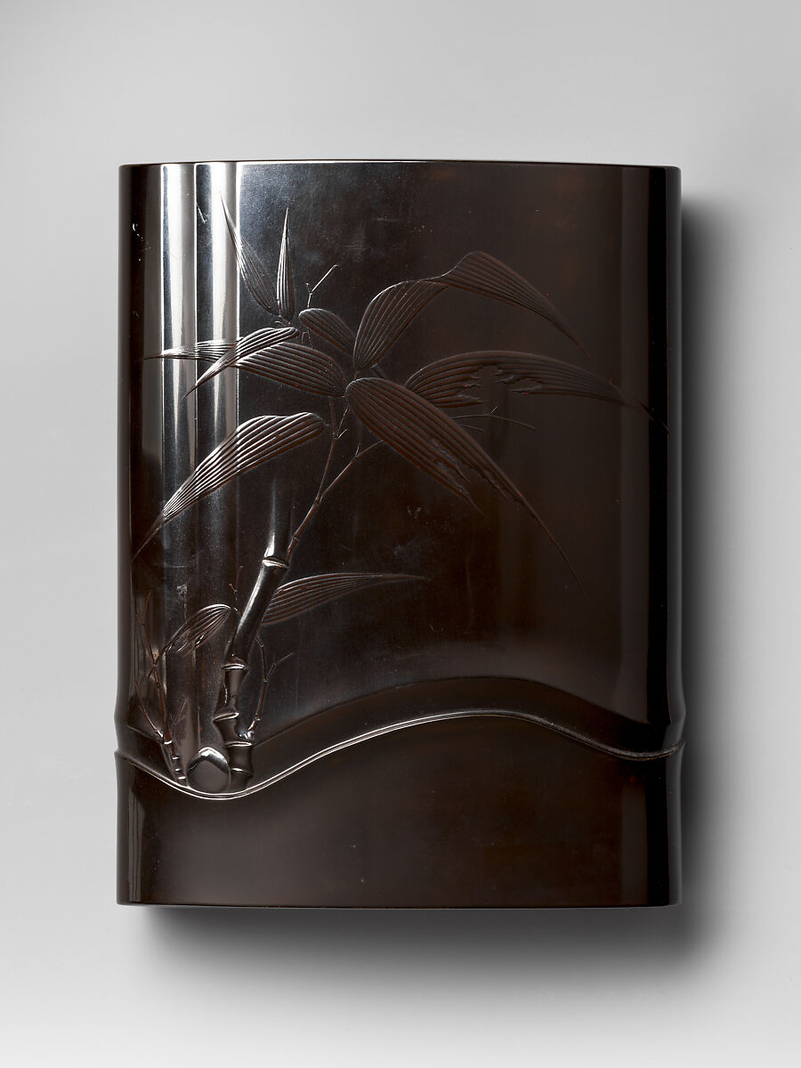 Writing Box (Suzuribako) in the Shape of a Piece of Bamboo, Lacquered wood with black takamaki-e on black lacquer ground (all black kuromaki-e), Japan