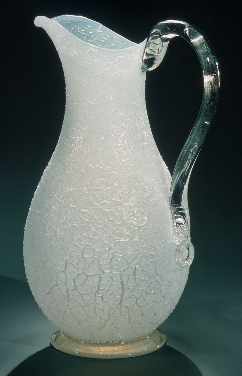 Pitcher, Reading Artistic Glass Works (1884–86), Free-blown crackle opalescent and colorless glass, American 