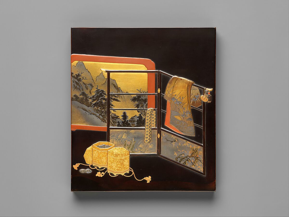 Writing Box (Suzuribako) with Screen, Robe Rack, and Shell-Matching Game Set, Lacquered wood with gold, silver takamaki-e, hiramaki-e, togidashimaki-e, red lacquer on black ground, Japan 