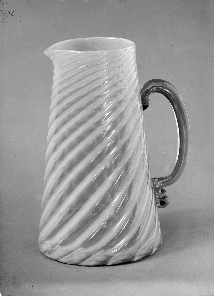 Pitcher, Reading Artistic Glass Works (1884–86), Free-blown colorless and opalescent yellow glass, American 
