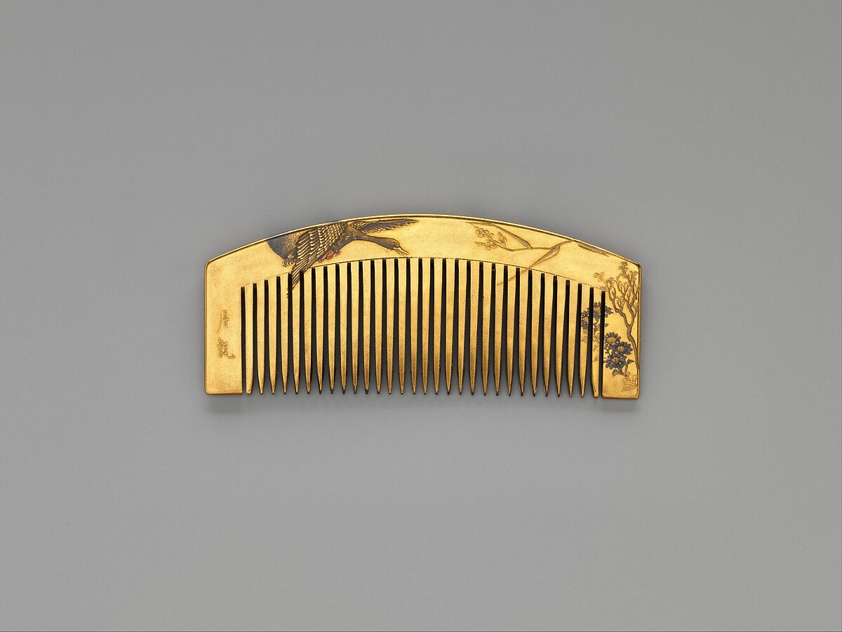 Lacquer Comb with Geese and Autumn Grasses, Lacquered horn with gold, silver hiramaki-e, red lacquer on gold ground, Japan