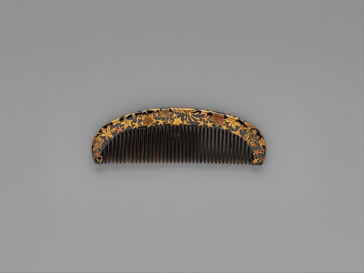 Lacquer Comb with Maple Leaves, Lacquered wood with gold, silver hiramaki-e, red lacquer on black ground, Japan