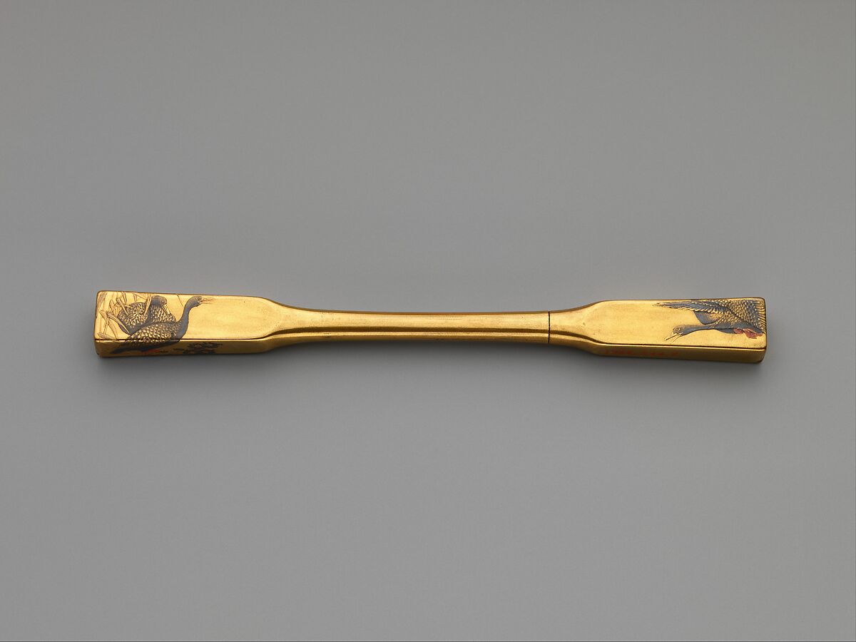 Lacquer Hairpin with Geese, Lacquered wood with gold, silver hiramaki-e on gold ground, Japan 