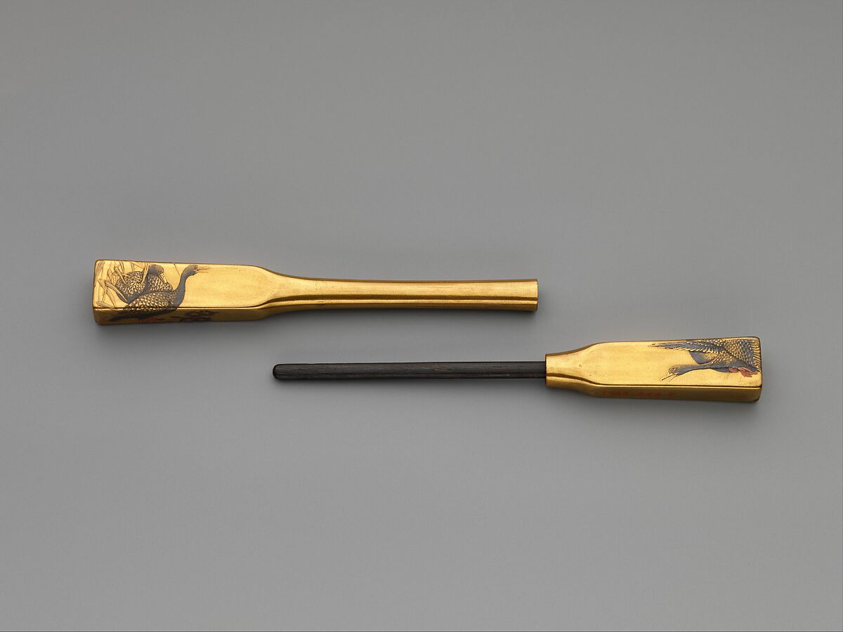 Lacquer Hairpin with Geese, Lacquered wood with gold, silver hiramaki-e on gold ground, Japan