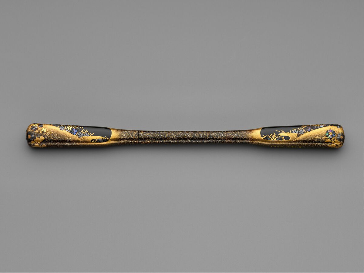 Lacquer Hairpin with Flowers, Lacquered wood with gold, silver hiramaki-e, gold, silver foil application and mother-of-pearl inlay on black ground, Japan 