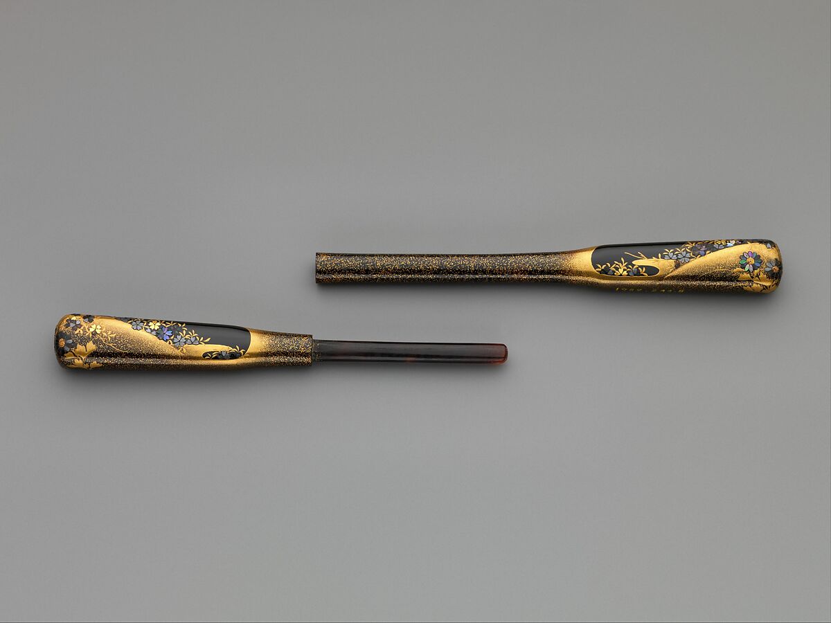 Lacquer Hairpin with Flowers, Lacquered wood with gold, silver hiramaki-e, gold, silver foil application and mother-of-pearl inlay on black ground, Japan