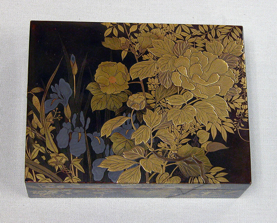 Box for Incense with Design of Peonies, Iris, Morning Glories, and Wisteria, Kajikawa School, Gold and silver maki-e on black lacquer, Japan