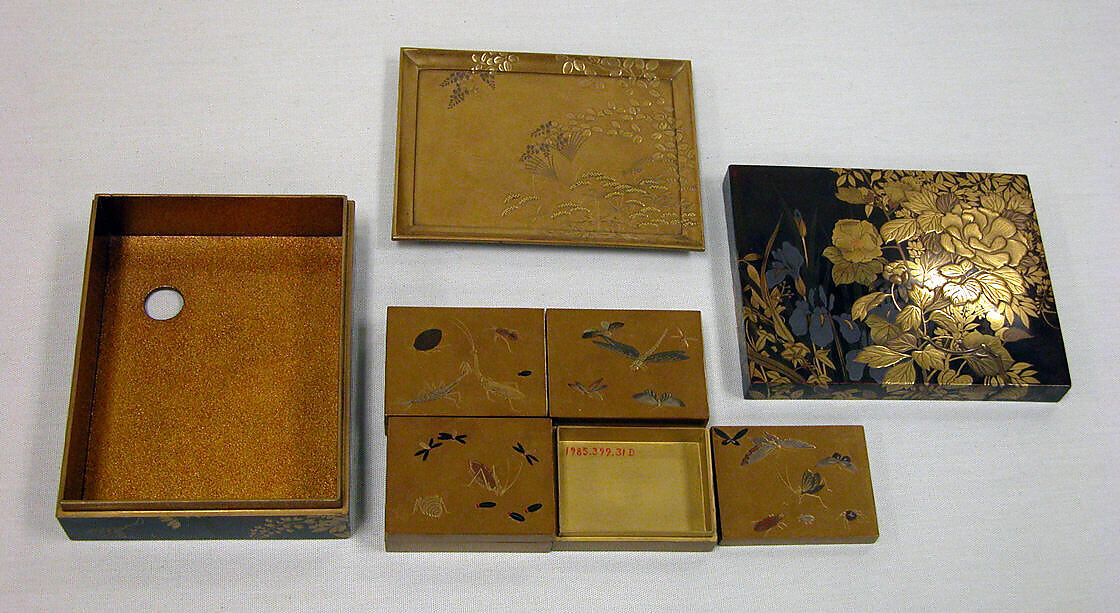Box for Incense with Design of Peonies, Iris, Morning Glories, and Wisteria, Kajikawa School, Gold and silver maki-e on black lacquer, Japan