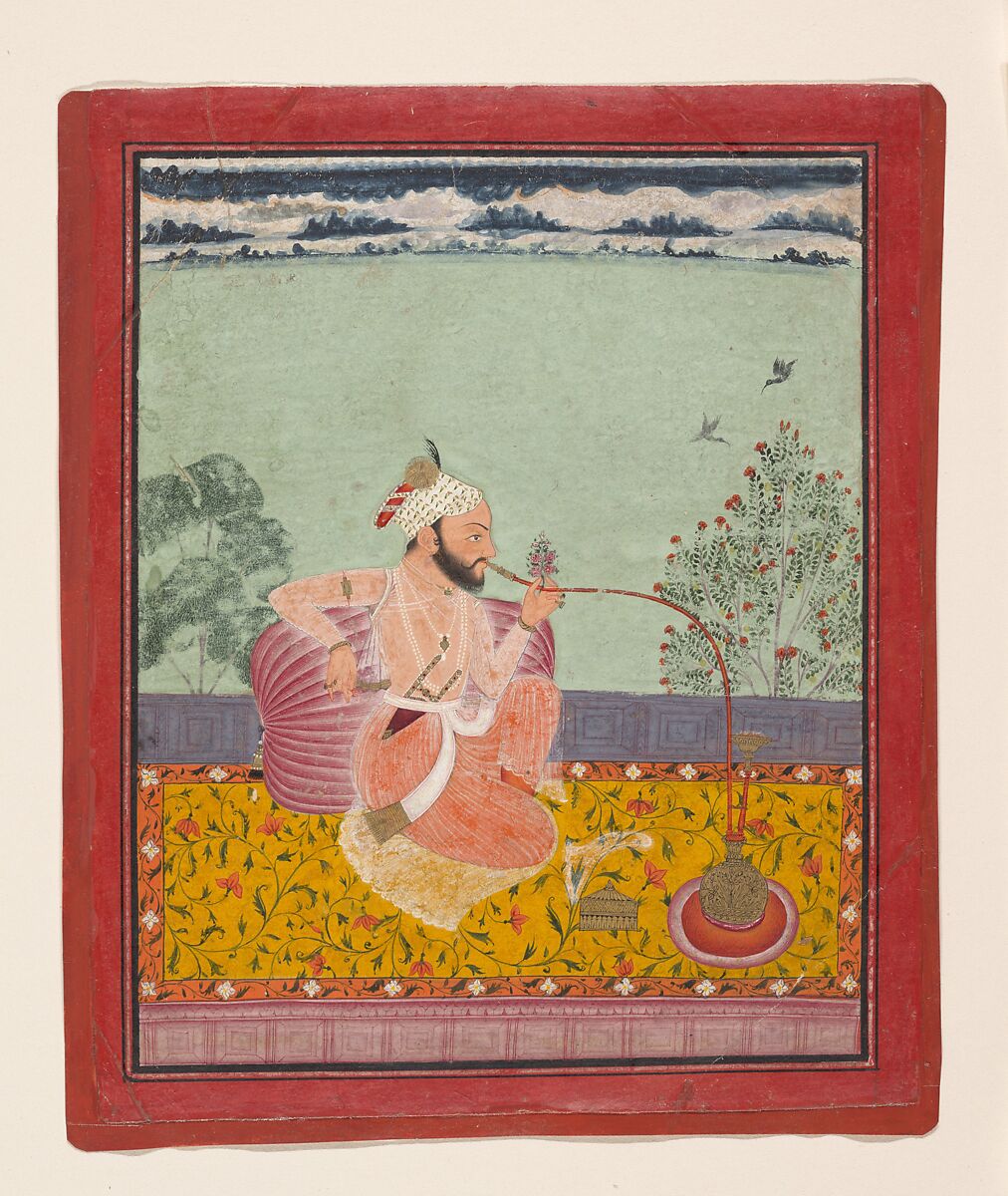 A Raja Smoking a Hookah, Ink, opaque watercolor, and gold on paper, India (Rajasthan, Kota) 