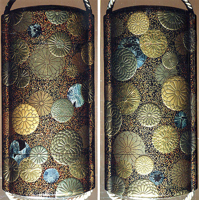 Case (Inrō) with Design of Scattered Chrysanthemums (Kikumon), Lacquer, roiro, nashiji, gold hiramakie, togidashi, gold foil, aogai; Interior: nashiji and fundame, Japan 