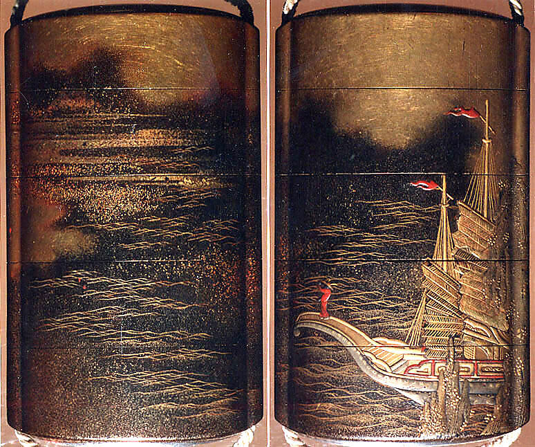 Case (Inrō) with Design of Waves and Clouds (obverse); Person Standing on Stern of Boat (reverse), Lacquer, kinji, nashiji, gold and colored hiramakie, takamakie, kirigane; Interior: nashiji and fundame, Japan 