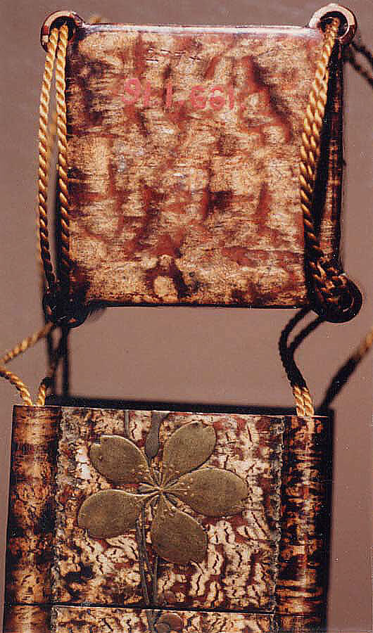 Case (Inrō) in the Shape of Tiered Picnic Box of Cherry Bark with Cherry Blossoms and Butterfly, Kiyokawa (Japanese), Colored lacquer with sprinkled gold and gold and silver foil; Ojime: jar; metal; Netsuke: love letter, rolled and tied; ivory with red, gold and silver makie lacquer, Japan