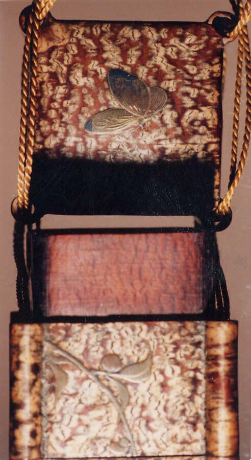 Case (Inrō) in the Shape of Tiered Picnic Box of Cherry Bark with Cherry Blossoms and Butterfly, Kiyokawa (Japanese), Colored lacquer with sprinkled gold and gold and silver foil; Ojime: jar; metal; Netsuke: love letter, rolled and tied; ivory with red, gold and silver makie lacquer, Japan