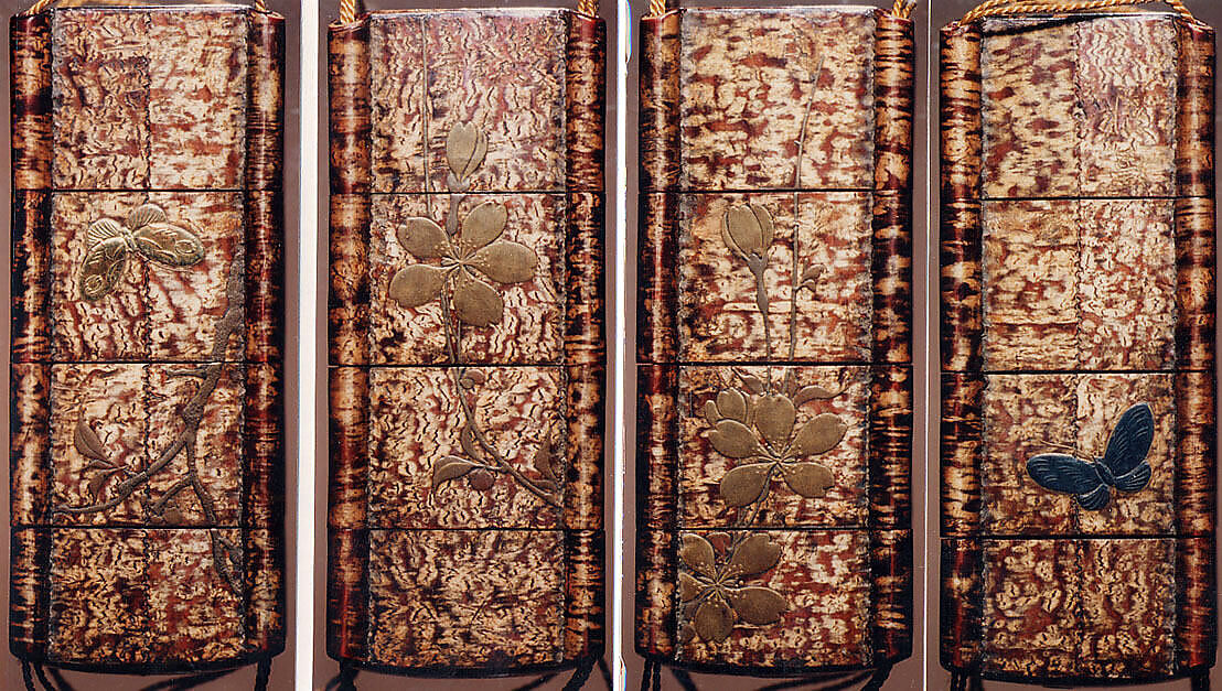 Case (Inrō) in the Shape of Tiered Picnic Box of Cherry Bark with Cherry Blossoms and Butterfly, Kiyokawa (Japanese), Colored lacquer with sprinkled gold and gold and silver foil; Ojime: jar; metal; Netsuke: love letter, rolled and tied; ivory with red, gold and silver makie lacquer, Japan