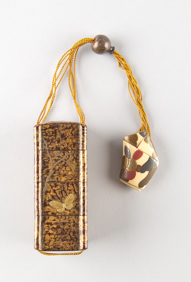 Case (Inrō) in the Shape of Tiered Picnic Box of Cherry Bark with Cherry Blossoms and Butterfly, Kiyokawa (Japanese), Colored lacquer with sprinkled gold and gold and silver foil; Ojime: jar; metal; Netsuke: love letter, rolled and tied; ivory with red, gold and silver makie lacquer, Japan 