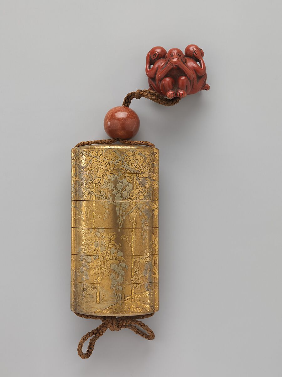 Case (Inrō) with Design of Wisteria Trellis, Case: powdered gold and silver (maki-e) on gold lacquer; Fastener (ojime): glass; Toggle (netsuke): red lacquer carved with design of monkeys, Japan 