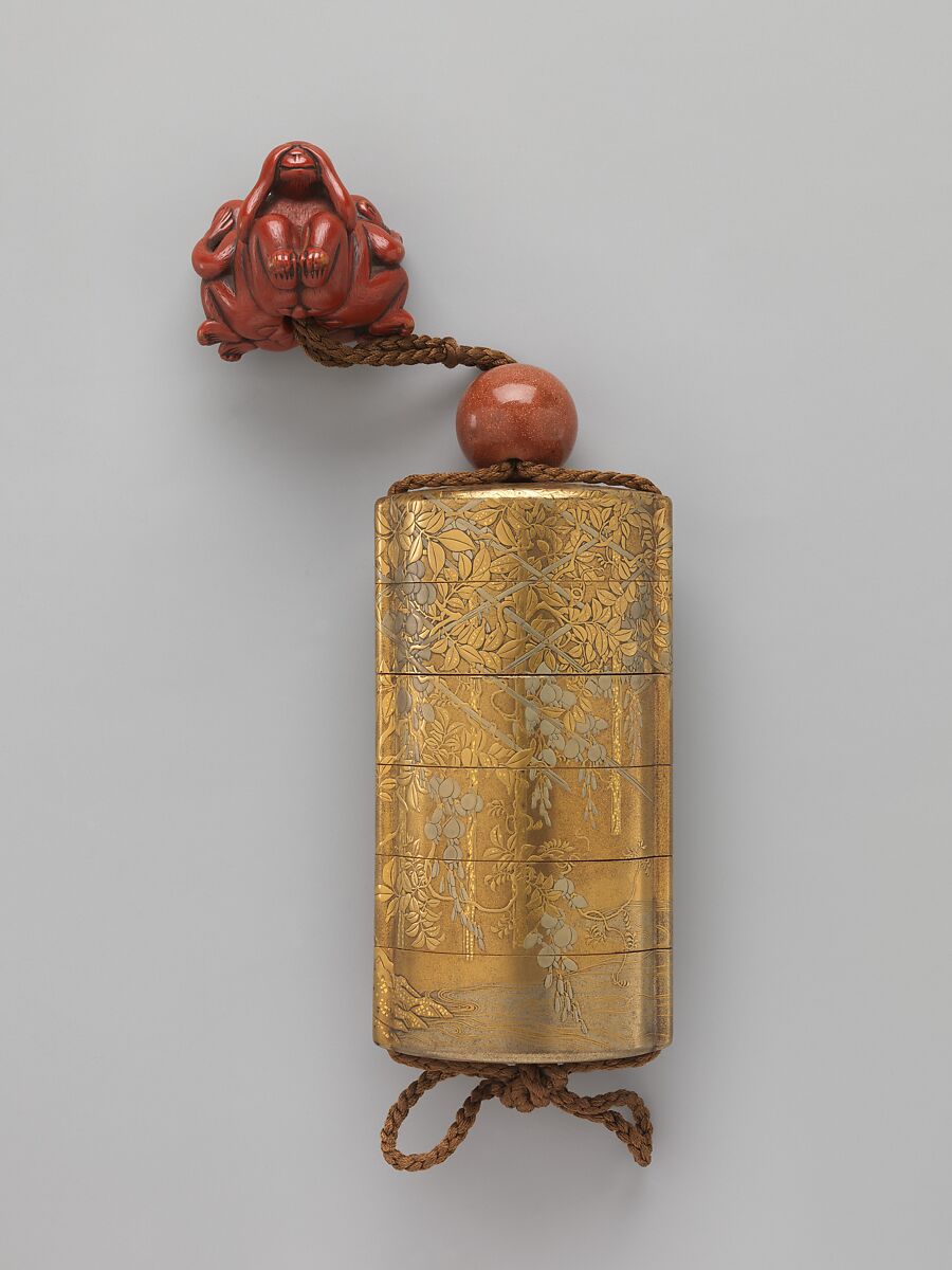 Inrō with Wisteria Trellis, Inrō: five cases; lacquered wood with gold and silver takamaki-e, hiramaki-e, togidashimaki-e, cutout gold foil application on gold lacquer ground; ojime: goldstone (glass) bead; netsuke: three wise monkeys; carved wood with red lacquer, Japan