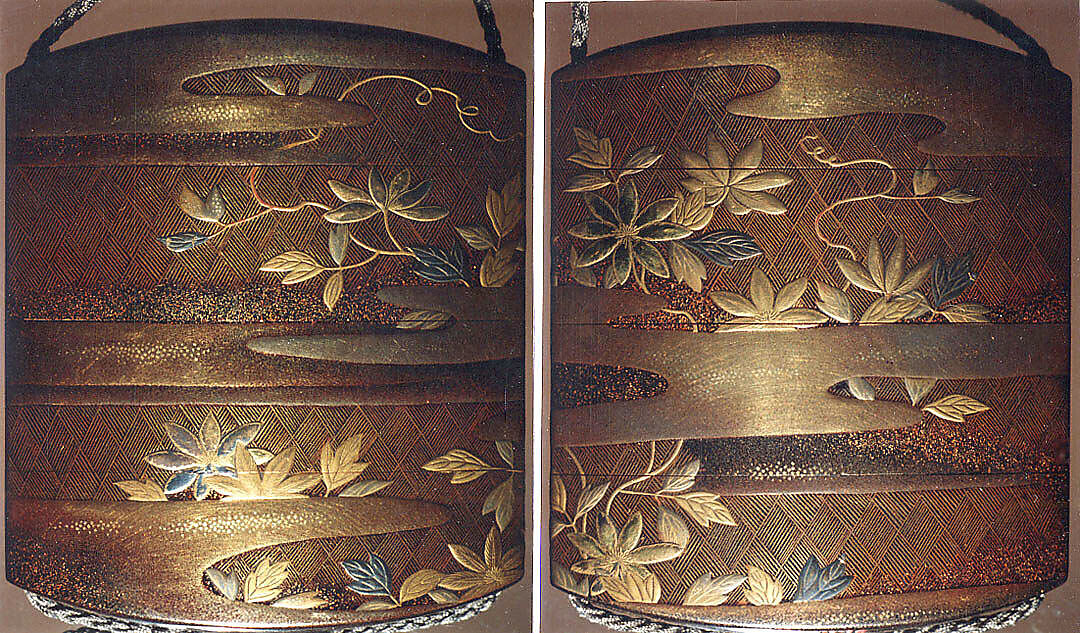 Case (Inrō) with Design of Clematis Vine on Bamboo Lattice, Gion Nankai (Japanese, 1677–1751), Lacquer sprinkled with gold and silver makie, and foil; Ojima: floral scrolls in openwork; silver and silver wire; Netsuke: chrysanthemum medallion; ivory, Japan 