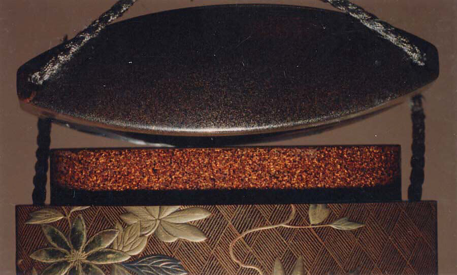 Case (Inrō) with Design of Clematis Vine on Bamboo Lattice, Gion Nankai (Japanese, 1677–1751), Lacquer sprinkled with gold and silver makie, and foil; Ojima: floral scrolls in openwork; silver and silver wire; Netsuke: chrysanthemum medallion; ivory, Japan