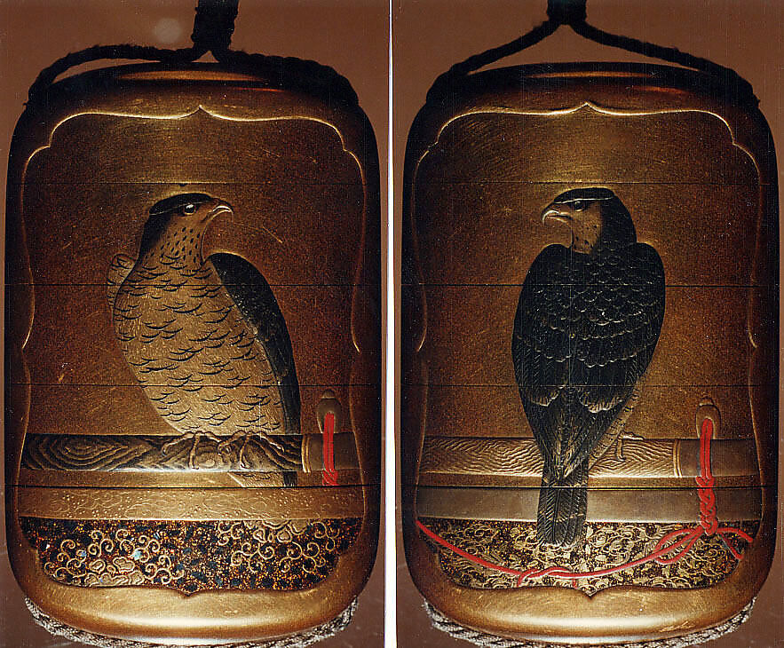 Case (Inrō) with Design of a Perched Hawk, Lacquer, kinji, gold, silver, black and red hiramakie, nashiji, aogai; Interior: nashiji and fundame, Japan 