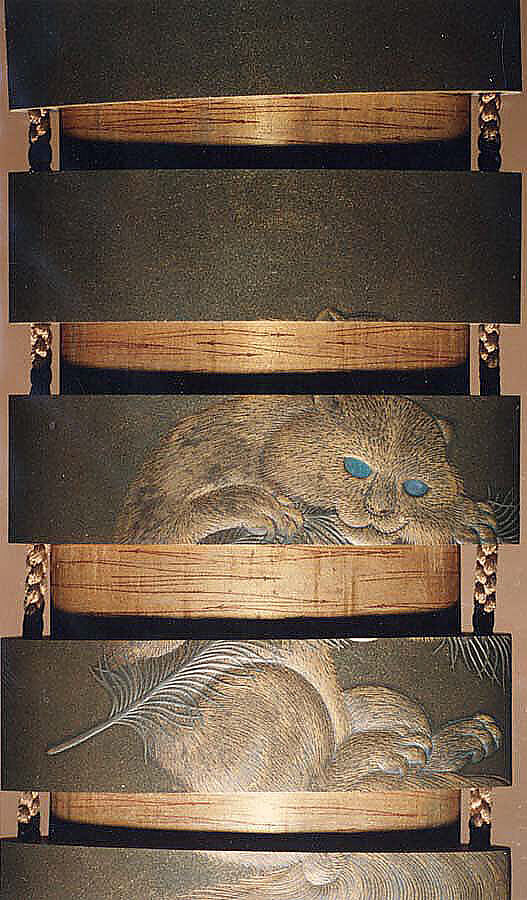 Case (Inrō) with Design of an Animal Biting a Feather, Inside plain gold and black lacquer; outside gold ground with raised design, animal biting feather; netsuke, ivory carving, Japan