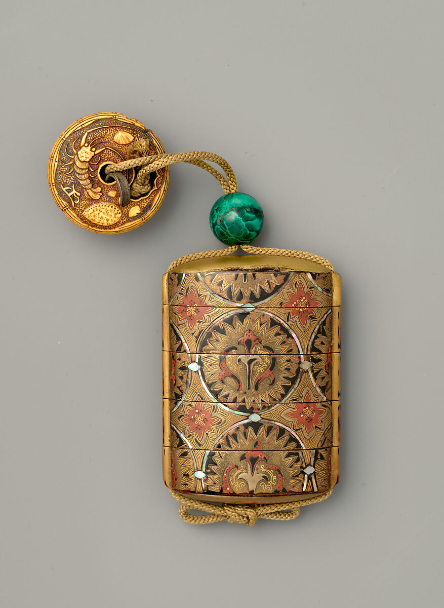 Inrō with Stylized Flower Patterns in Interconnected Roundels, Inrō: four cases; lacquered wood with gold, silver, yellow, and red togidashimaki-e, mother-of-pearl inlay on black lacquer ground; ojime: malachite bead; netsuke: openwork (ryūsa); ivory, Japan