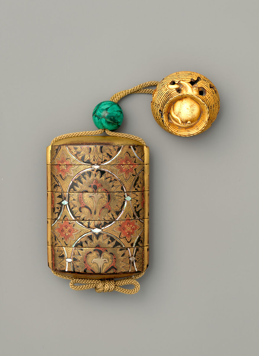 Inrō with Stylized Flower Patterns in Interconnected Roundels, Inrō: four cases; lacquered wood with gold, silver, yellow, and red togidashimaki-e, mother-of-pearl inlay on black lacquer ground; ojime: malachite bead; netsuke: openwork (ryūsa); ivory, Japan