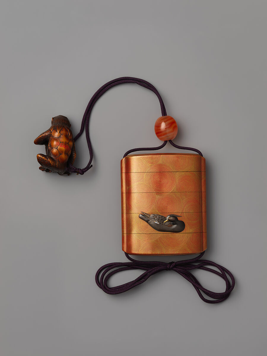 Inrō with Ducks on Swirls, Signed Tōyō (Japanese, active second half of the 18th century), Inrō: four cases; gold, silver takamaki-e, hiramaki-e, gold foil application, mother-of-pearl inlay on red lacquer ground; ojime: fire agate bead; netsuke: Kappa; carved wood, Japan