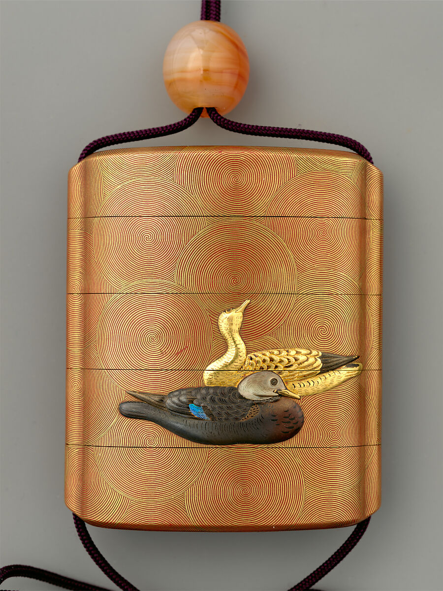 Inrō with Ducks on Swirls, Signed Tōyō (Japanese, active second half of the 18th century), Inrō: four cases; gold, silver takamaki-e, hiramaki-e, gold foil application, mother-of-pearl inlay on red lacquer ground; ojime: fire agate bead; netsuke: Kappa; carved wood, Japan