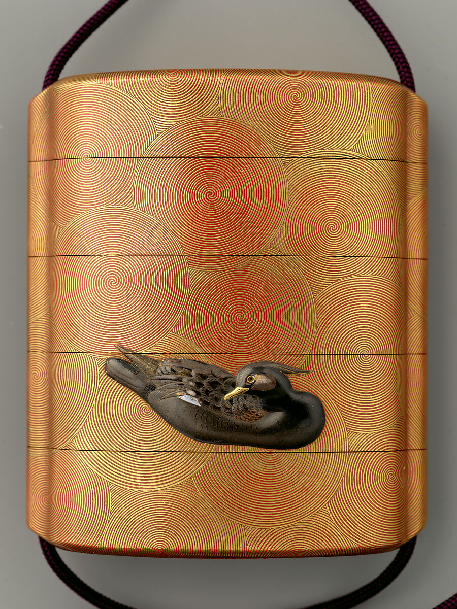 Inrō with Ducks on Swirls, Signed Tōyō (Japanese, active second half of the 18th century), Inrō: four cases; gold, silver takamaki-e, hiramaki-e, gold foil application, mother-of-pearl inlay on red lacquer ground; ojime: fire agate bead; netsuke: Kappa; carved wood, Japan
