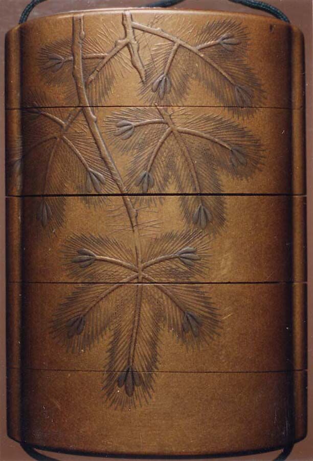 Case (Inrō) with Design of Young Pine Trees, Lacquer, kinji, gold and silver hiramakie, takamakie; Interior: nashiji and fundame, Japan