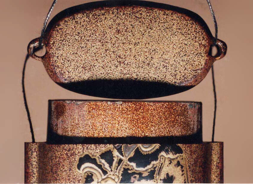 Case (Inrō) with Design of Foreigners, One holding a Cock, Lacquer, roiro and nashiji, gold, silver and black hiramakie, takamakie; Interior: nashiji and fundame, Japan