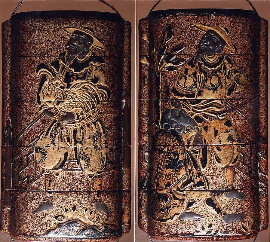 Case (Inrō) with Design of Foreigners, One holding a Cock, Lacquer, roiro and nashiji, gold, silver and black hiramakie, takamakie; Interior: nashiji and fundame, Japan 