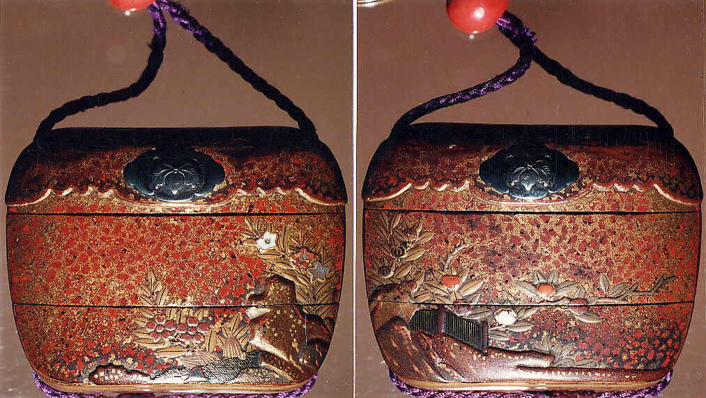 Case (Inrō) with Design of Various Flowers Growing beside Rocks and Fence, Lacquer, red and gyobu, gold and silver hiramakie, coral, raden, metal inlay; Interior: nashiji and fundame, upper case three-divided, Japan 