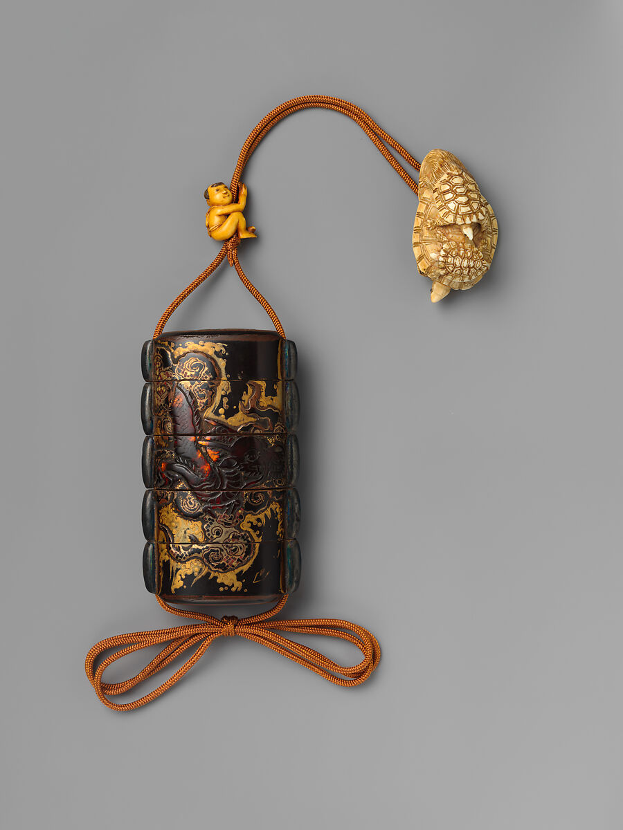 Inrō with Dragon among Clouds and Waves, Inrō: four cases; lacquered wood, gold and silver takamaki-e, hiramaki-e, togidashimaki-e, cutout gold foil application, tortoiseshell inlay on black lacquer ground; metal cord runners; ojime: carved ivory; netsuke: turtles; carved ivory, Japan