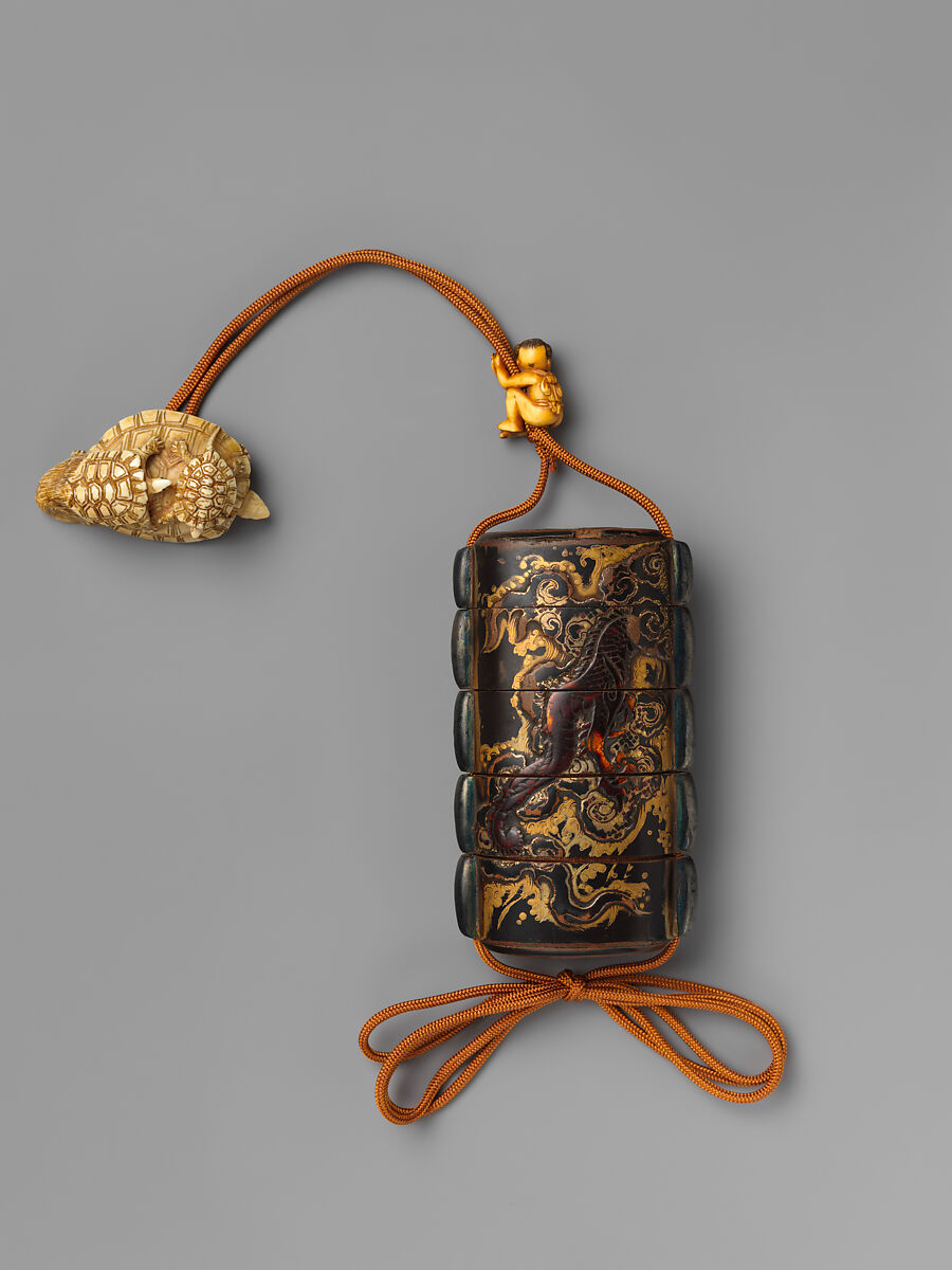 Inrō with Dragon among Clouds and Waves, Inrō: four cases; lacquered wood, gold and silver takamaki-e, hiramaki-e, togidashimaki-e, cutout gold foil application, tortoiseshell inlay on black lacquer ground; metal cord runners; ojime: carved ivory; netsuke: turtles; carved ivory, Japan