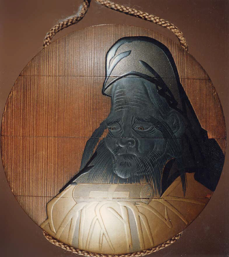 Case (Inrō) with Portrait of a Daruma (obverse); Seal and Inscription (reverse), Lacquer, polished wood ground, gold, silver, black and red hiramakie, sabiji; Interior: plain, Japan